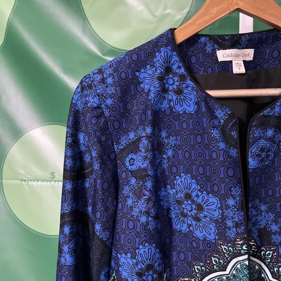 COLDWATER CREEK Women's open front blazer in MULTI BLUES ABSTRACT sz 8 - VGUC - Picture 5 of 15